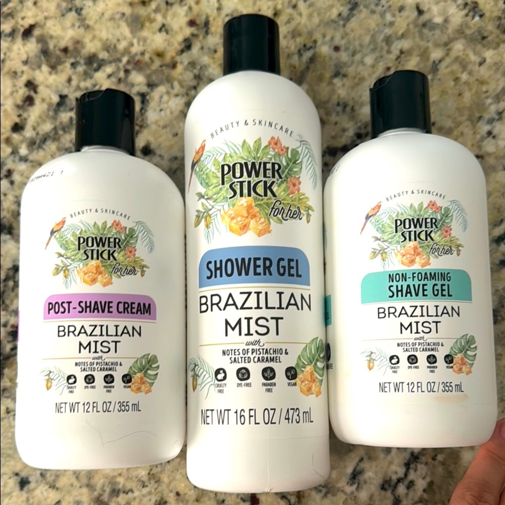 Bundle of 3 Big Bottles! Power Stick Brazilian Mist Shower Gel and Shave Set